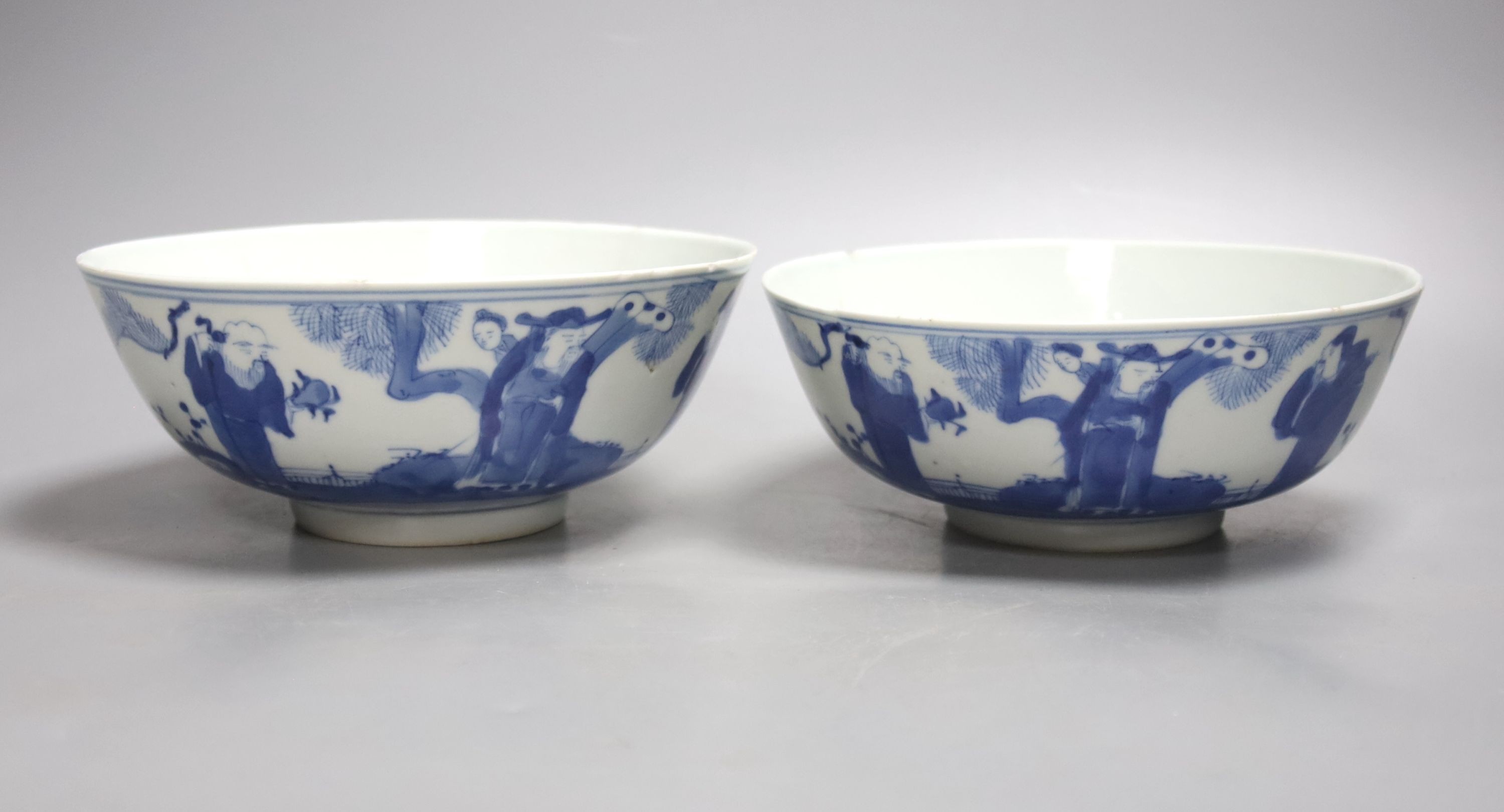 A pair of Chinese blue and white bowls, late 19th / early 20th century, 7in. - a.f.